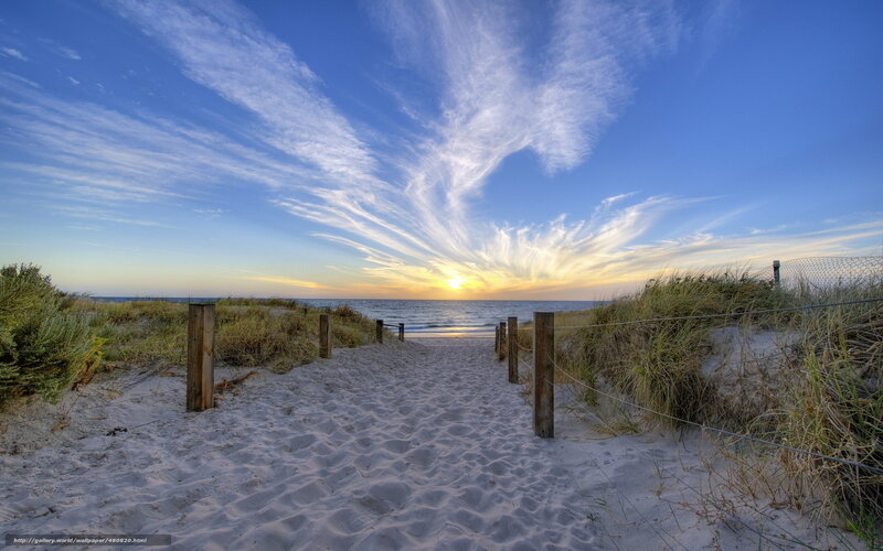 Beach Path to Ocean — Blue, Serene, Sunset