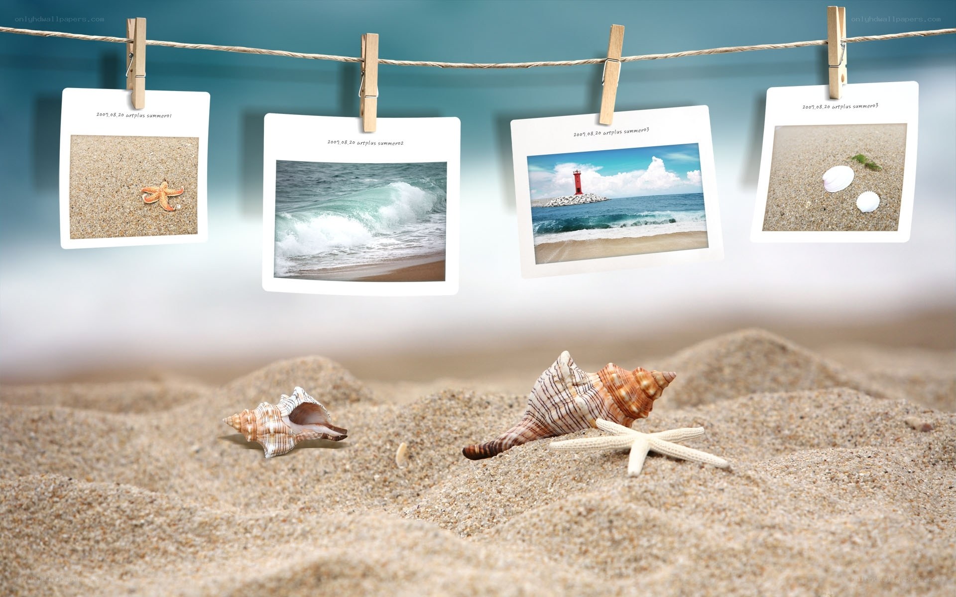 beach photos on a clothesline