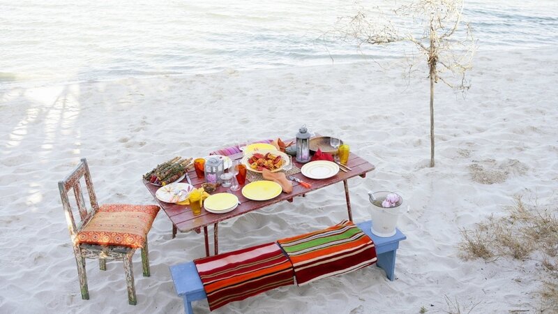 Beach Picnic Setup — White, Serene, Afternoon, Photograph, Table