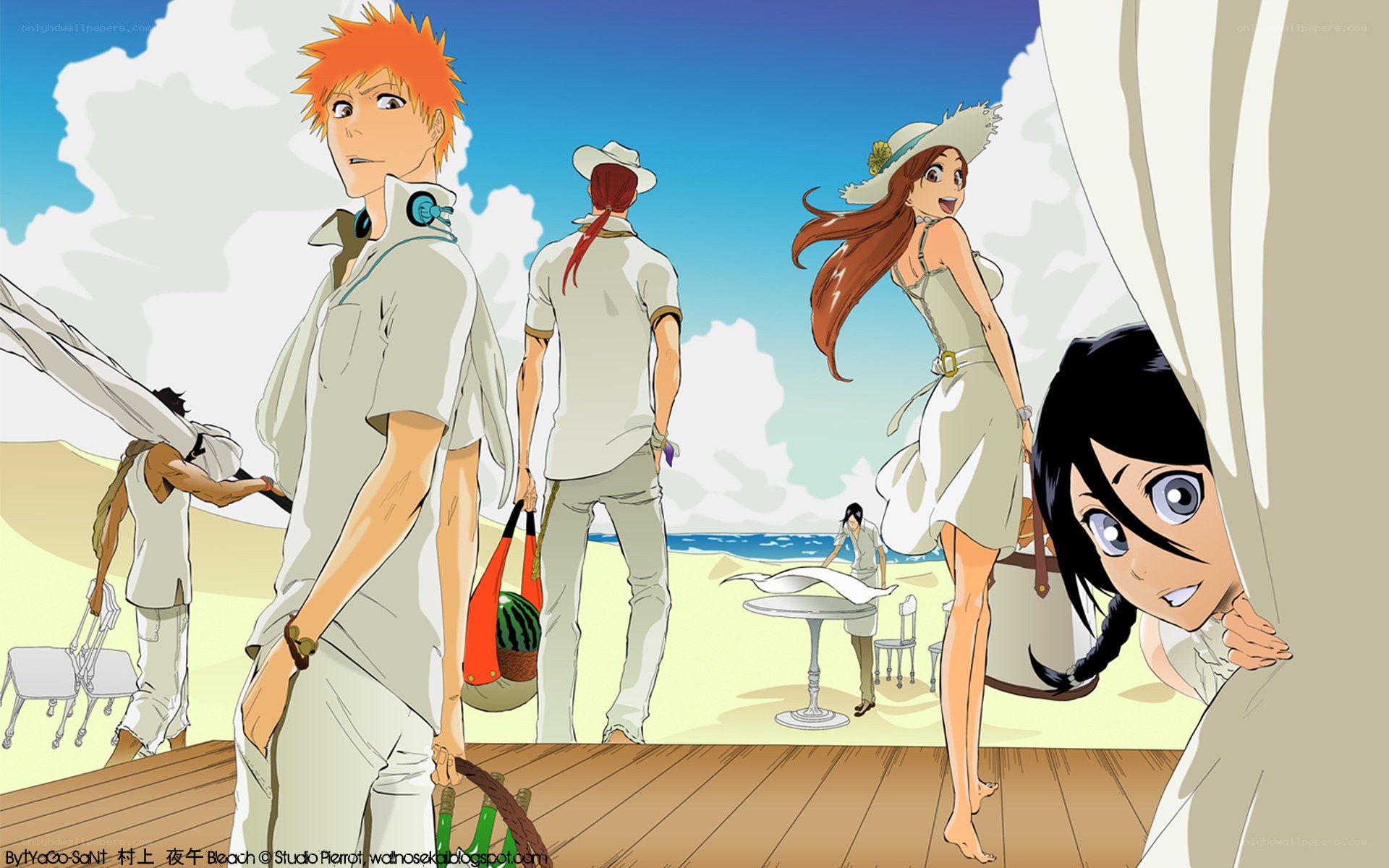 Beach scene with anime characters