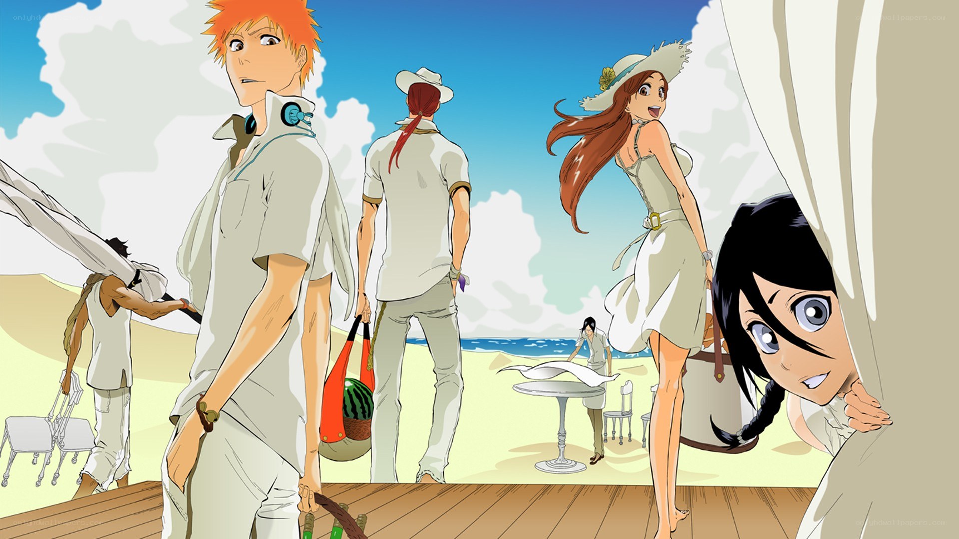 Beach scene with anime characters
