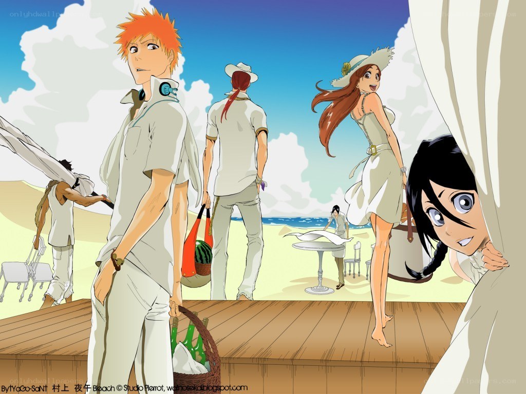 Beach scene with anime characters