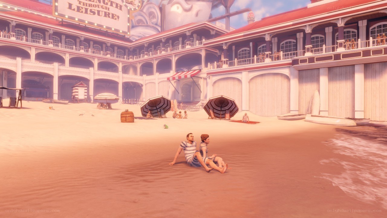 Beach scene with buildings