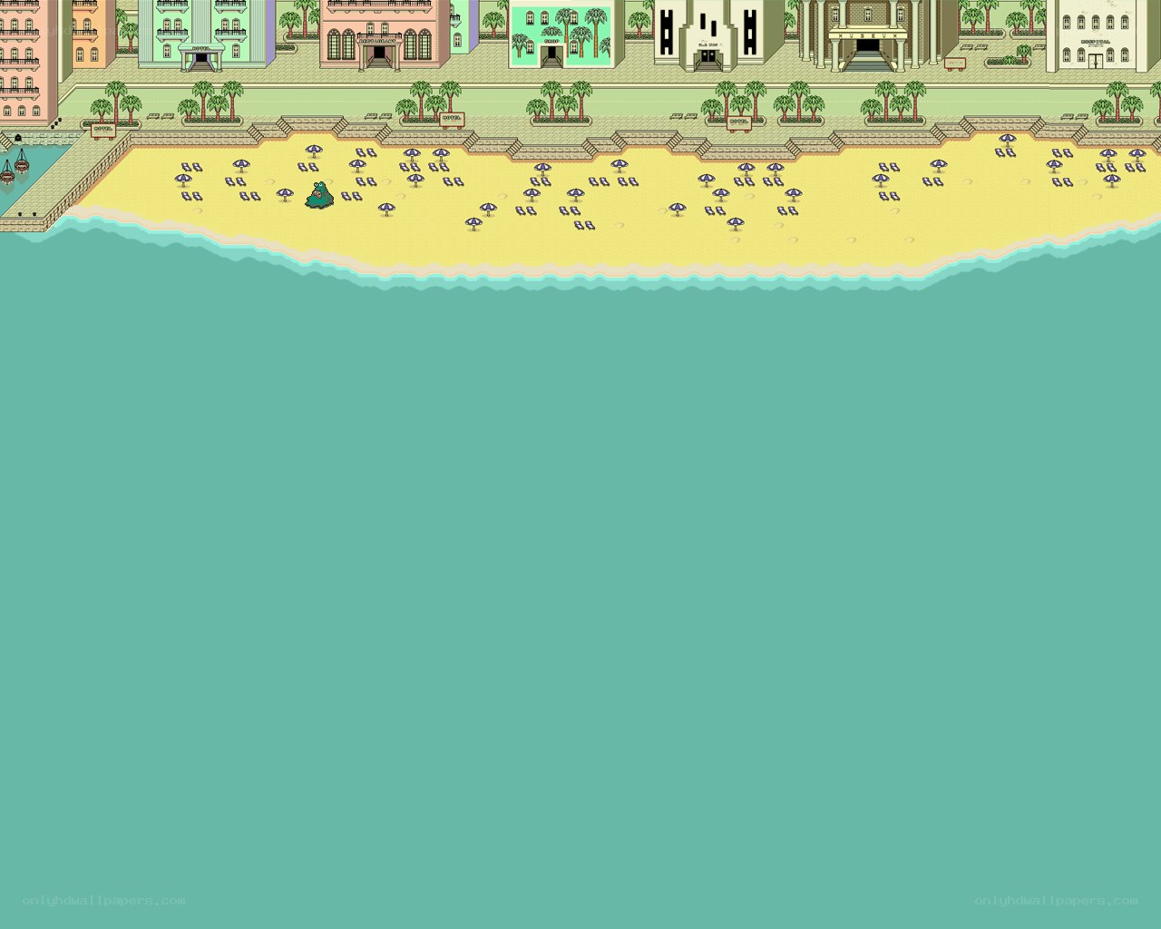 beach scene with buildings