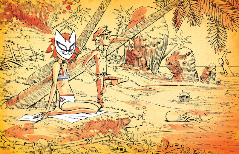 beach scene with cartoon characters