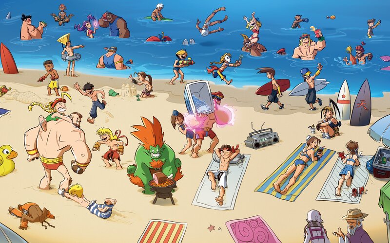Beach Scene with Characters — Blue