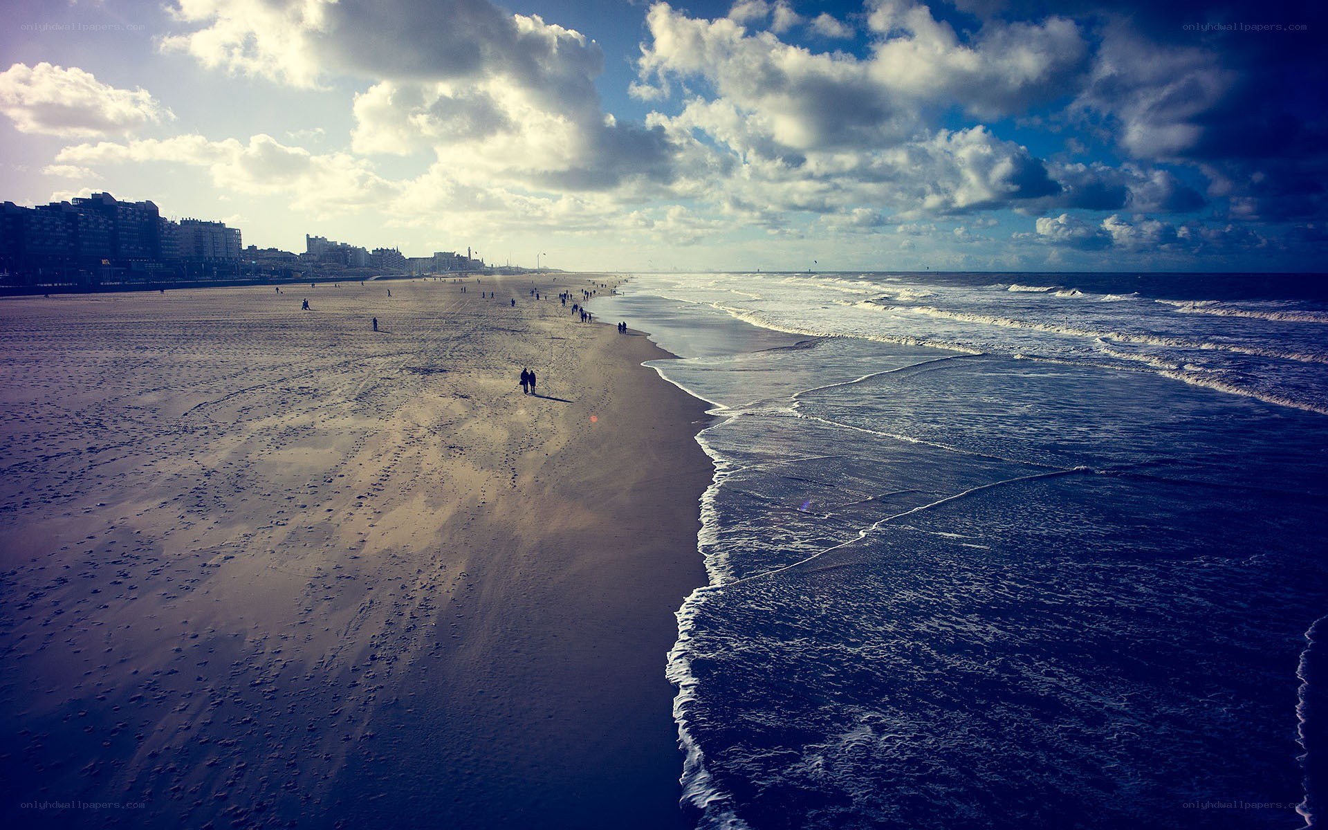 Beach scene with city skyline