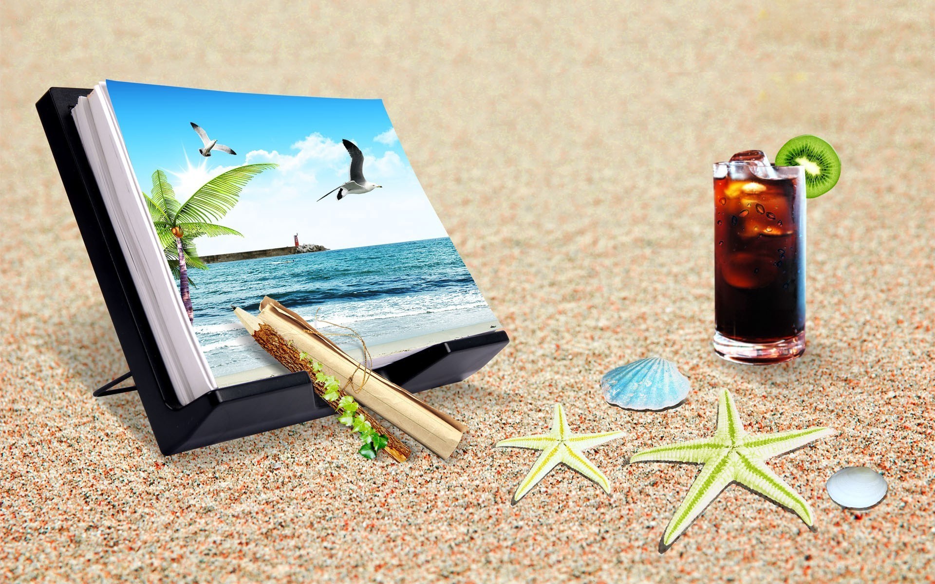 Beach scene with drink and photo