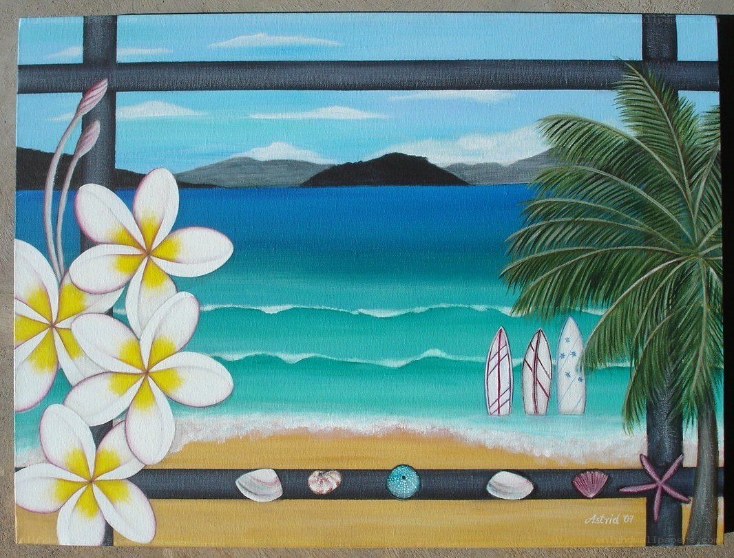 Beach scene with flowers and surfboards