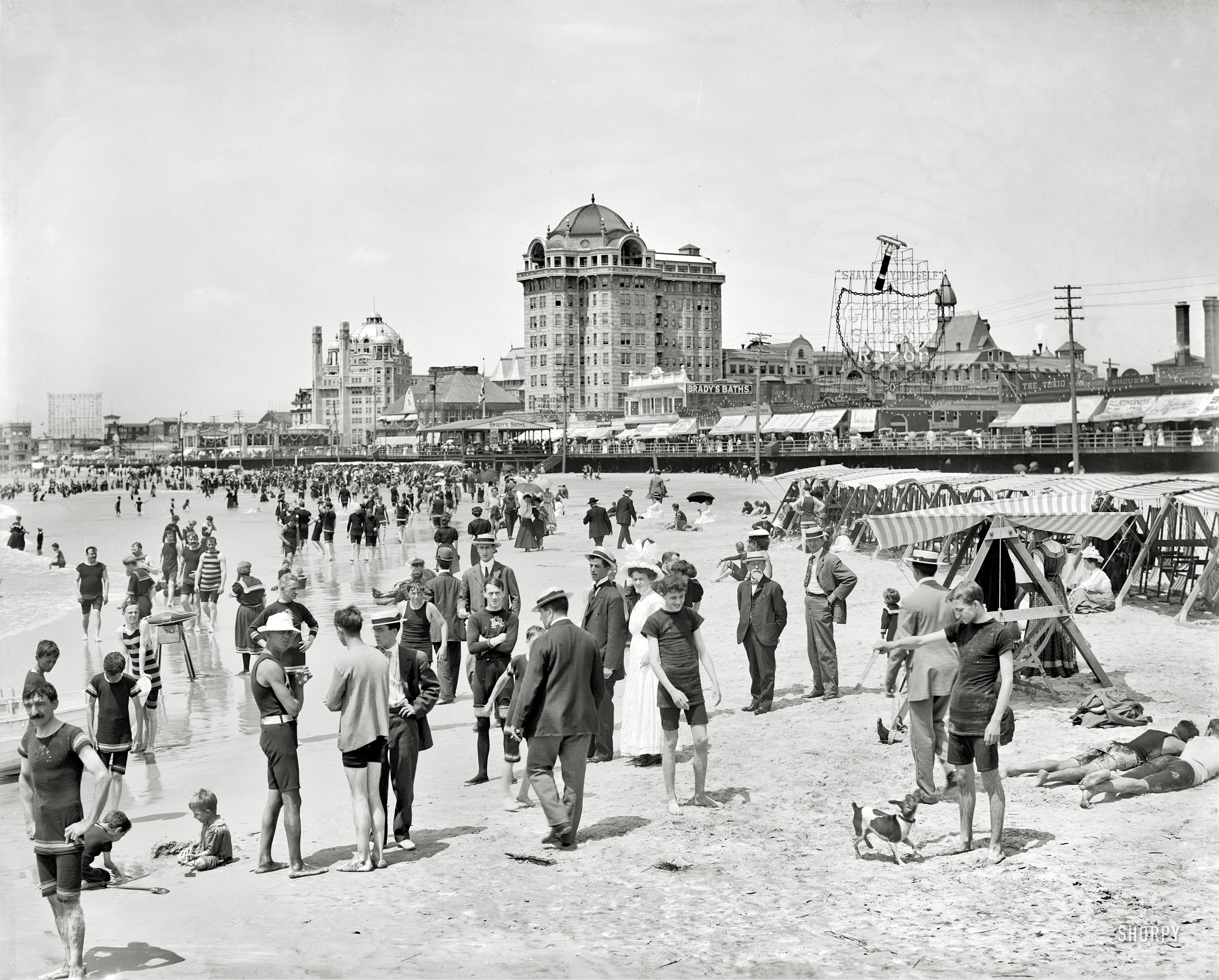 Beach scene with historic buildings