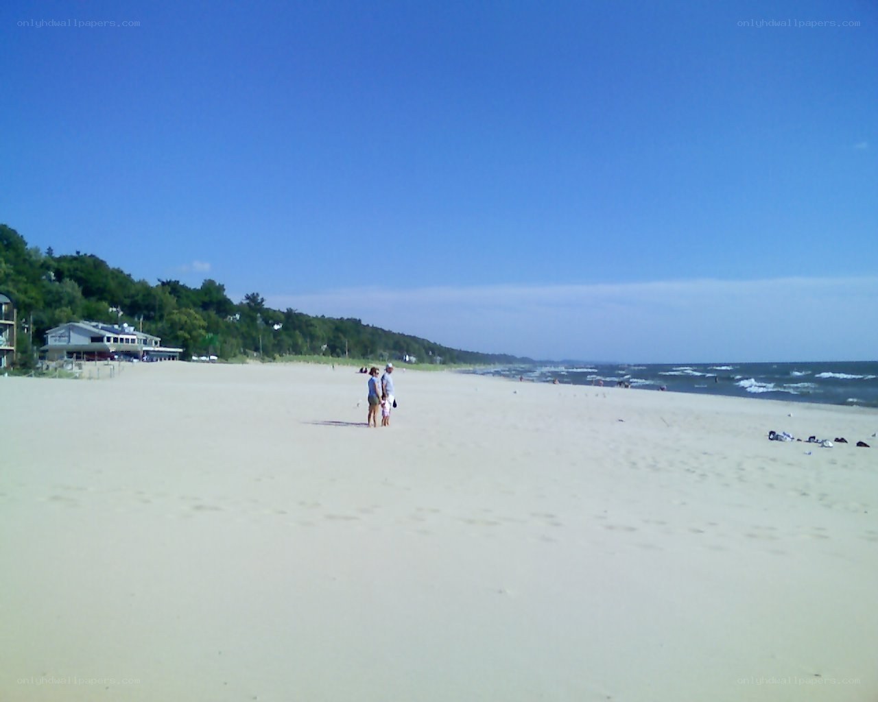 Beach scene with people and buildings