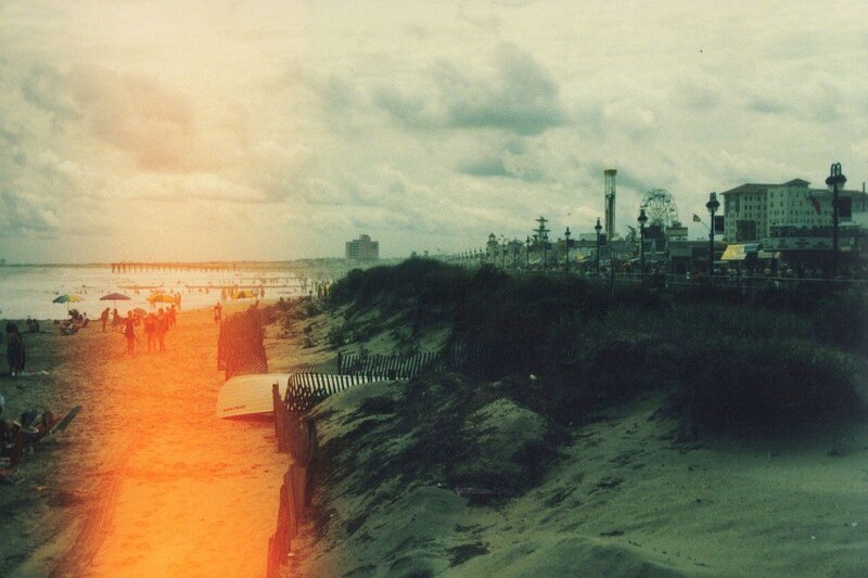 beach scene with pier and amusement park