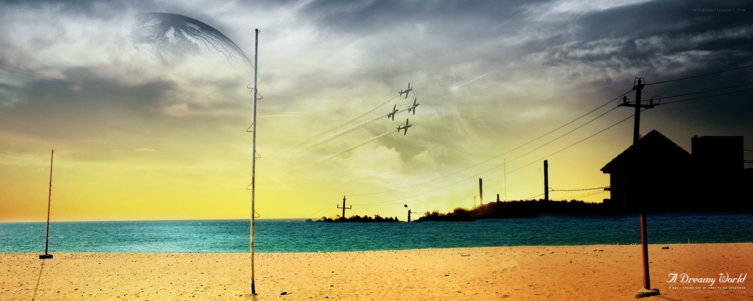 Beach scene with planes and planet