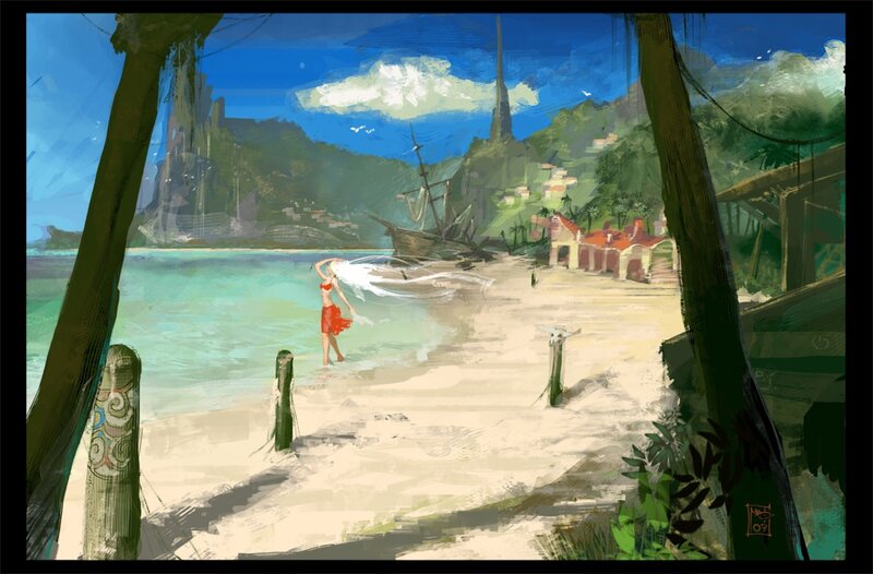 Beach scene with shipwreck