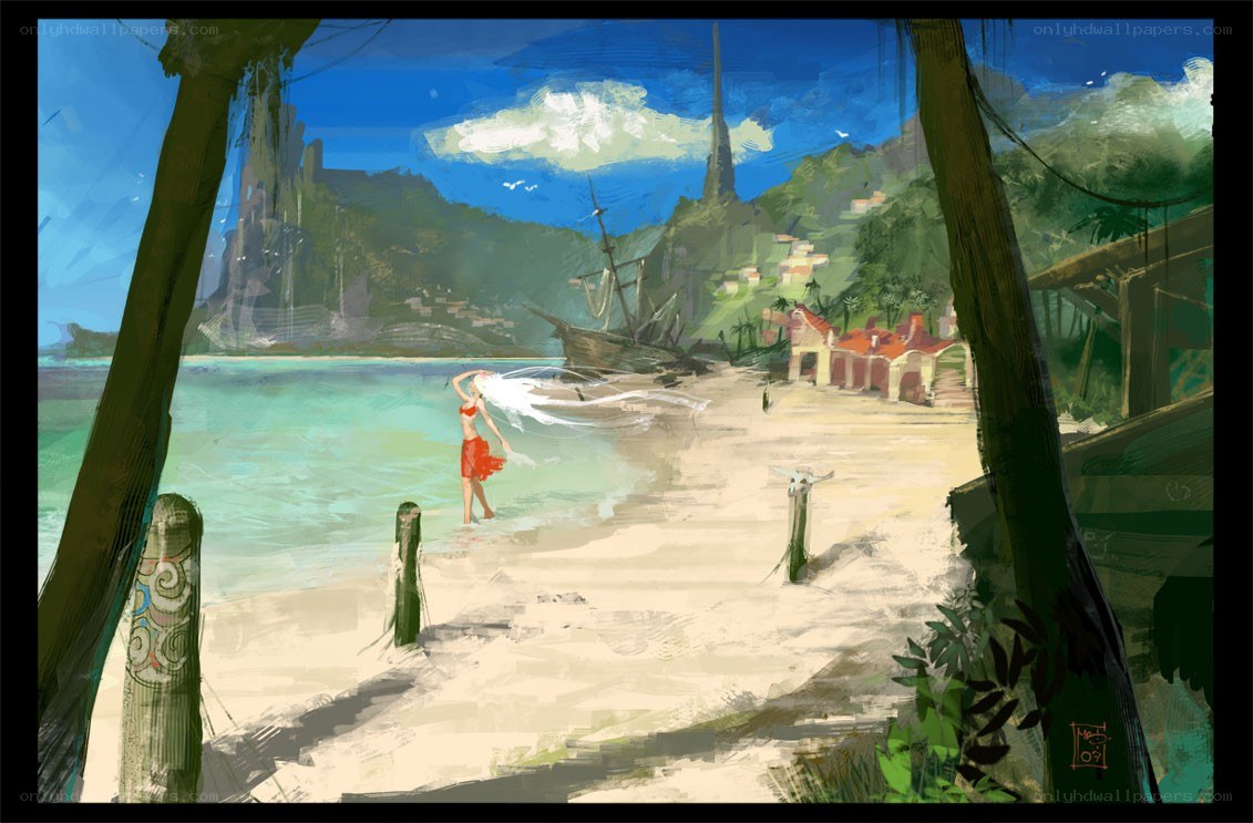 Beach scene with shipwreck