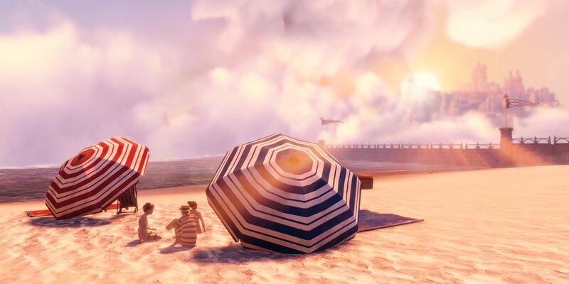 Beach scene with striped umbrellas