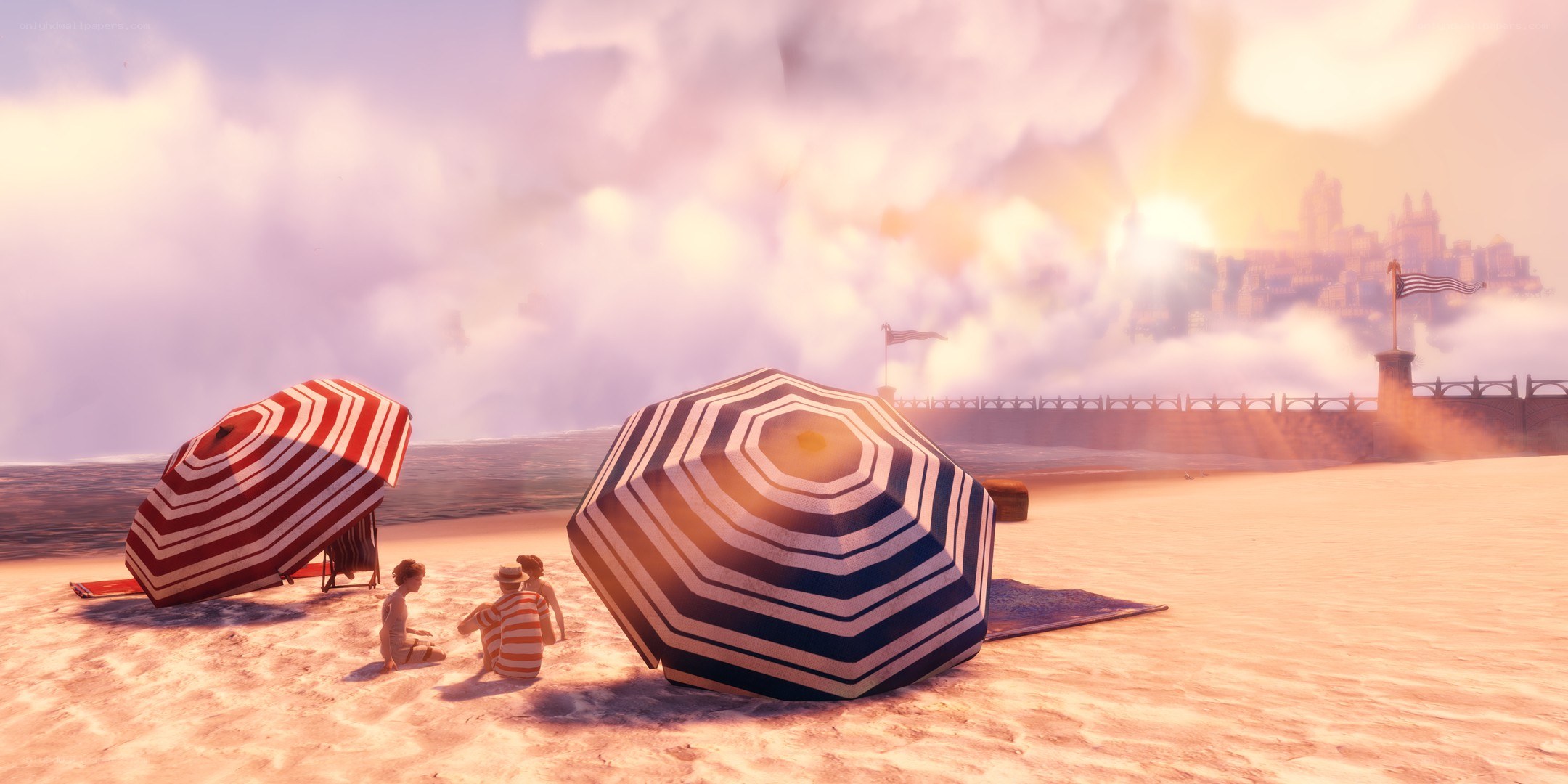 Beach scene with striped umbrellas