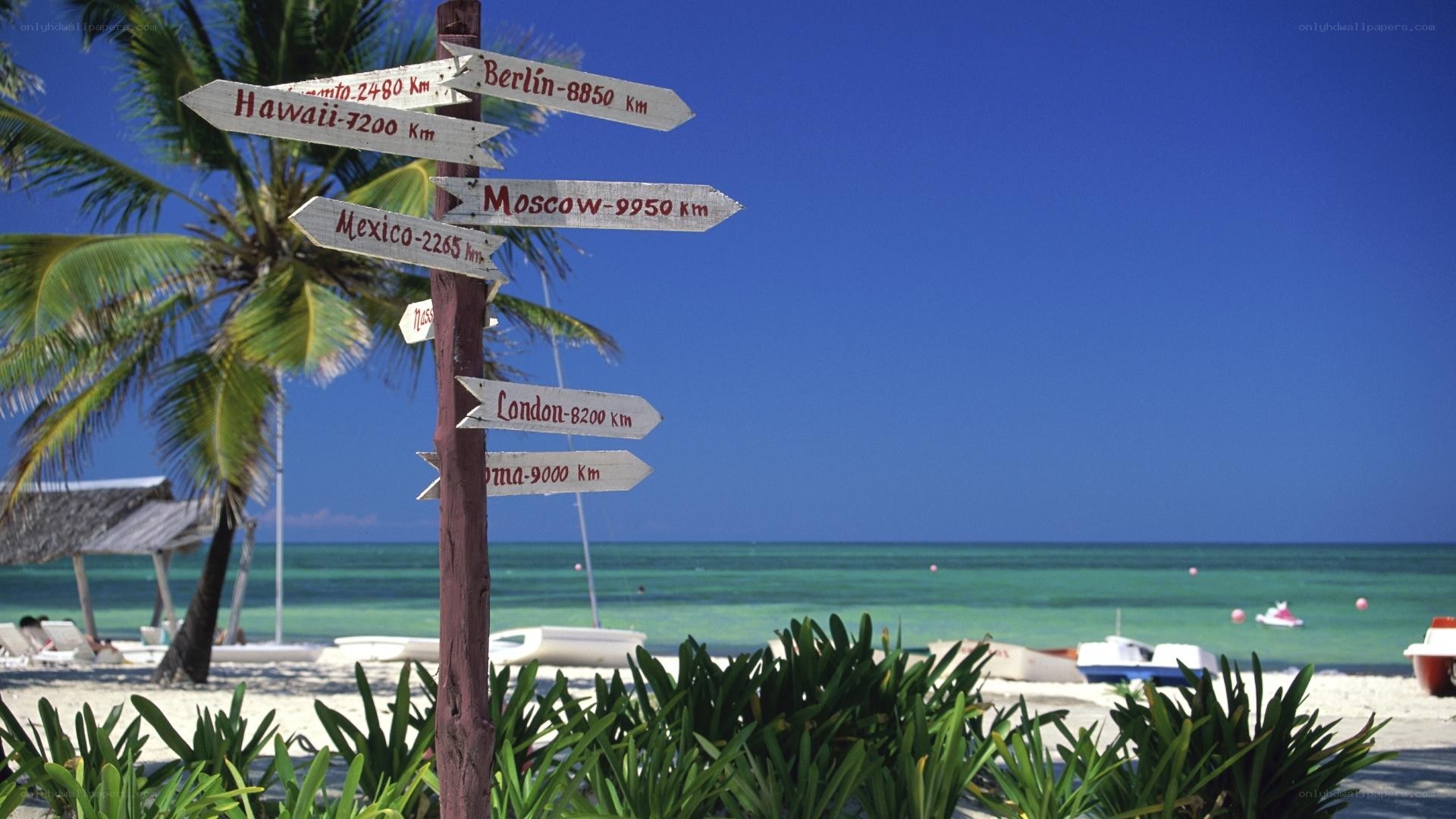 Beach signpost with city distances