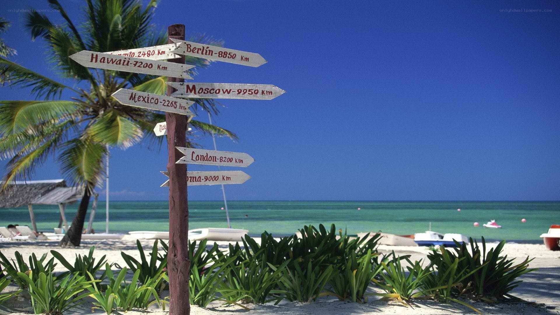 Beach signpost with world destinations