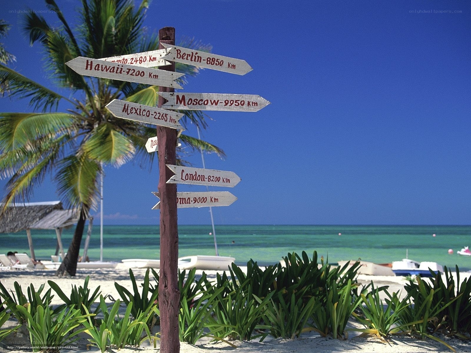 Beach signpost with world destinations