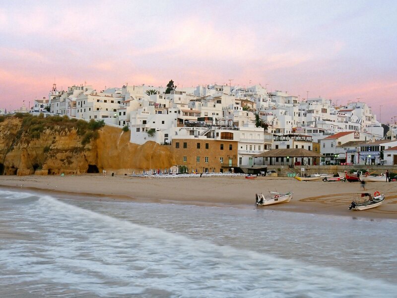 Beach town at sunset