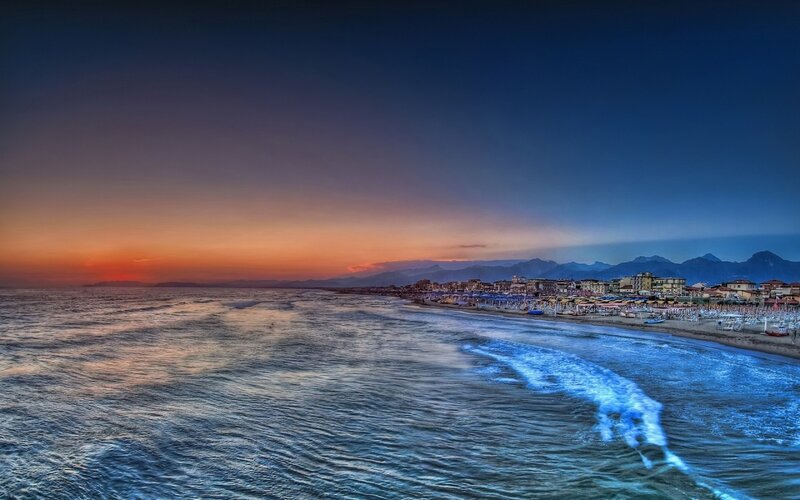 Beach Town at Sunset — Blue, Dramatic