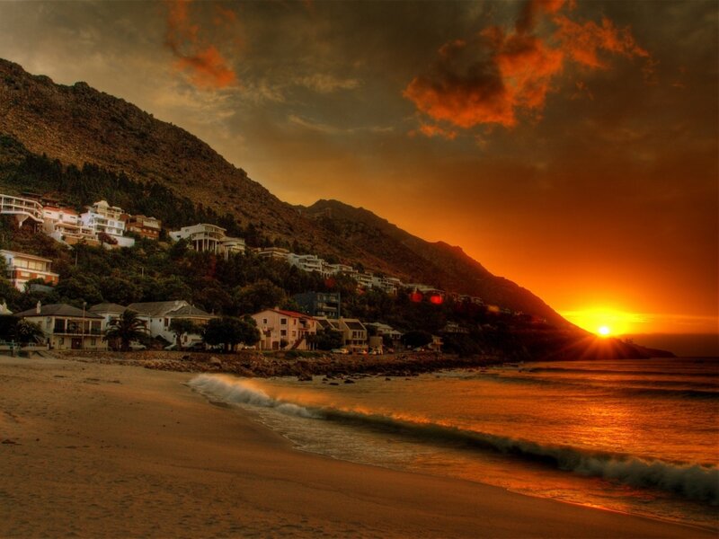 Beach Town at Sunset — Orange, Dramatic, Photograph