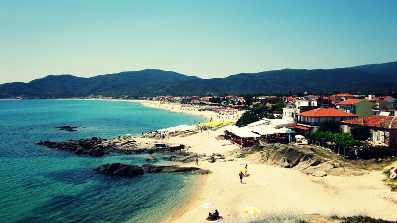 Beach town with mountains