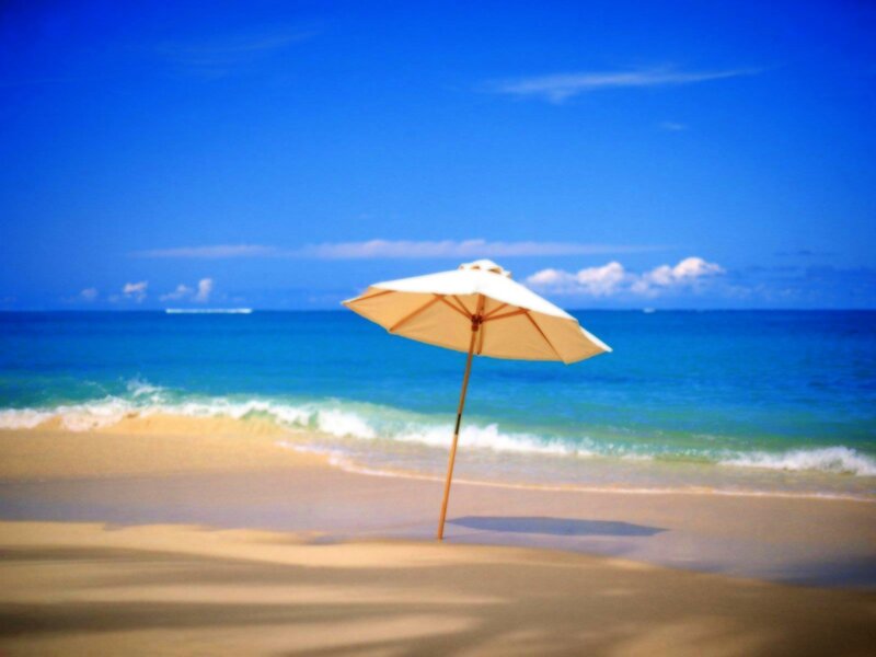 Beach Umbrella on Sand — Blue, Serene, Afternoon, Photograph, Ocean, Sky, Waves