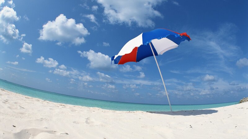 Beach Umbrella on Sand — Blue, Serene, Afternoon, Photograph, Ocean, Sky, White, Red