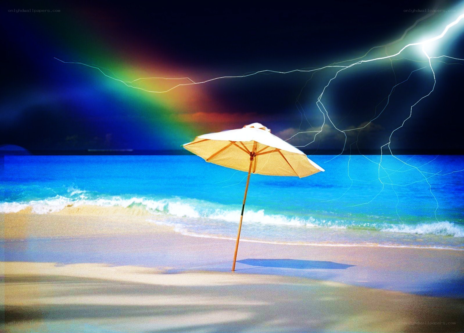Beach umbrella under stormy sky