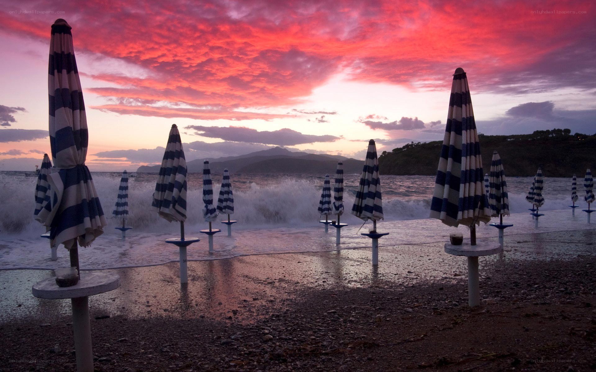 Beach umbrellas at sunset