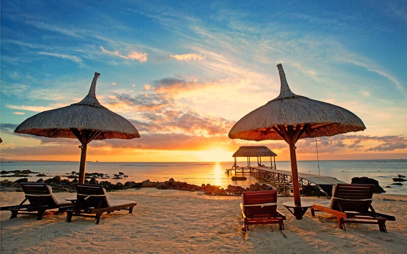 Beach Umbrellas at Sunset — Blue