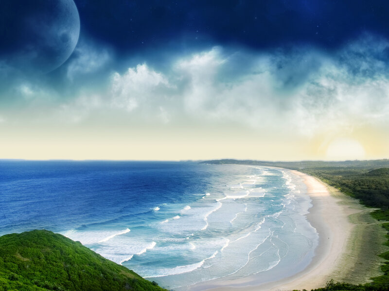 Beach under a large moon