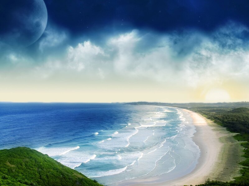 Beach under a large moon