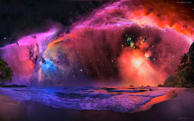 Beach under Nebula Sky — Purple, Dramatic, Night, Digital Art