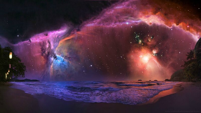 Beach under Nebula Sky — Purple, Dramatic, Night