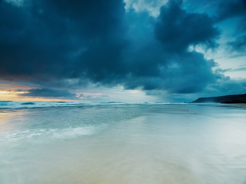 Beach under Stormy Sky — Blue, Dramatic, Sunset, Photograph, Ocean