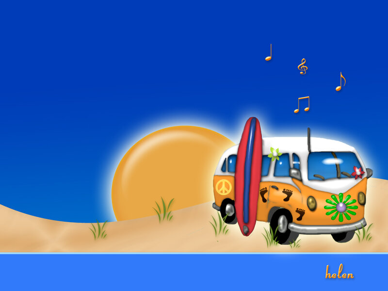 Beach van with surfboard