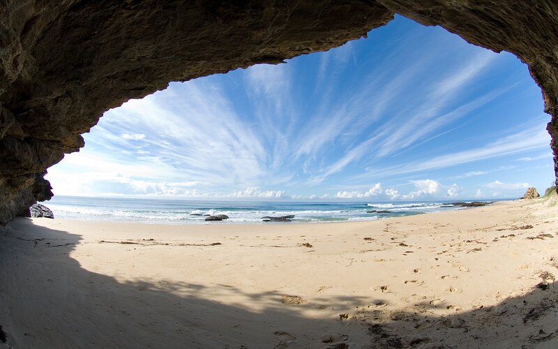 Beach View from Cave — Blue, Serene