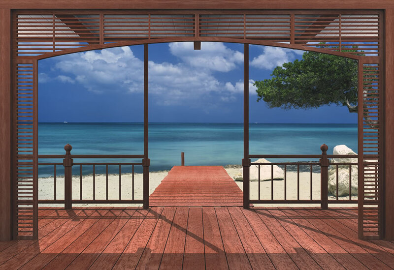 Beach view from wooden deck