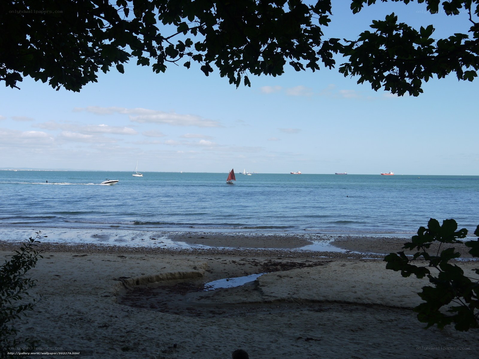 Beach view with boats on calm sea