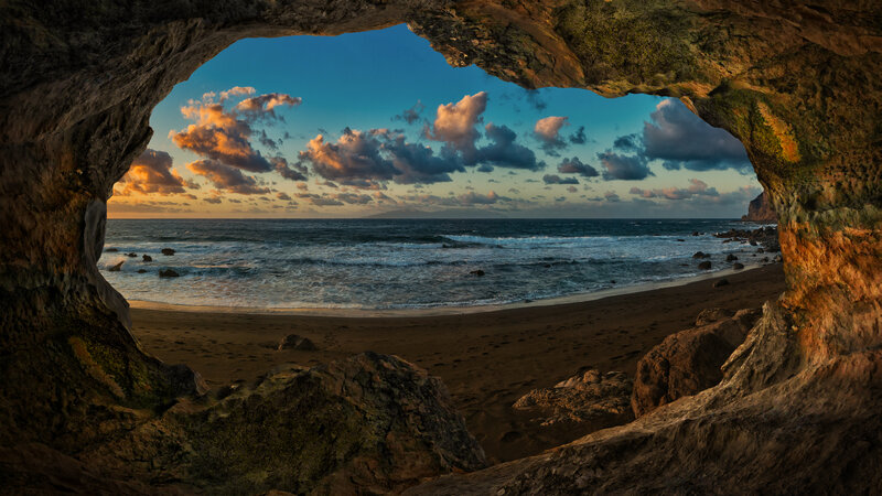 Beach Viewed from Cave — Blue, Dramatic