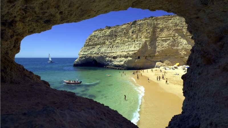 Beach Viewed from Cave — Blue, Serene, Afternoon