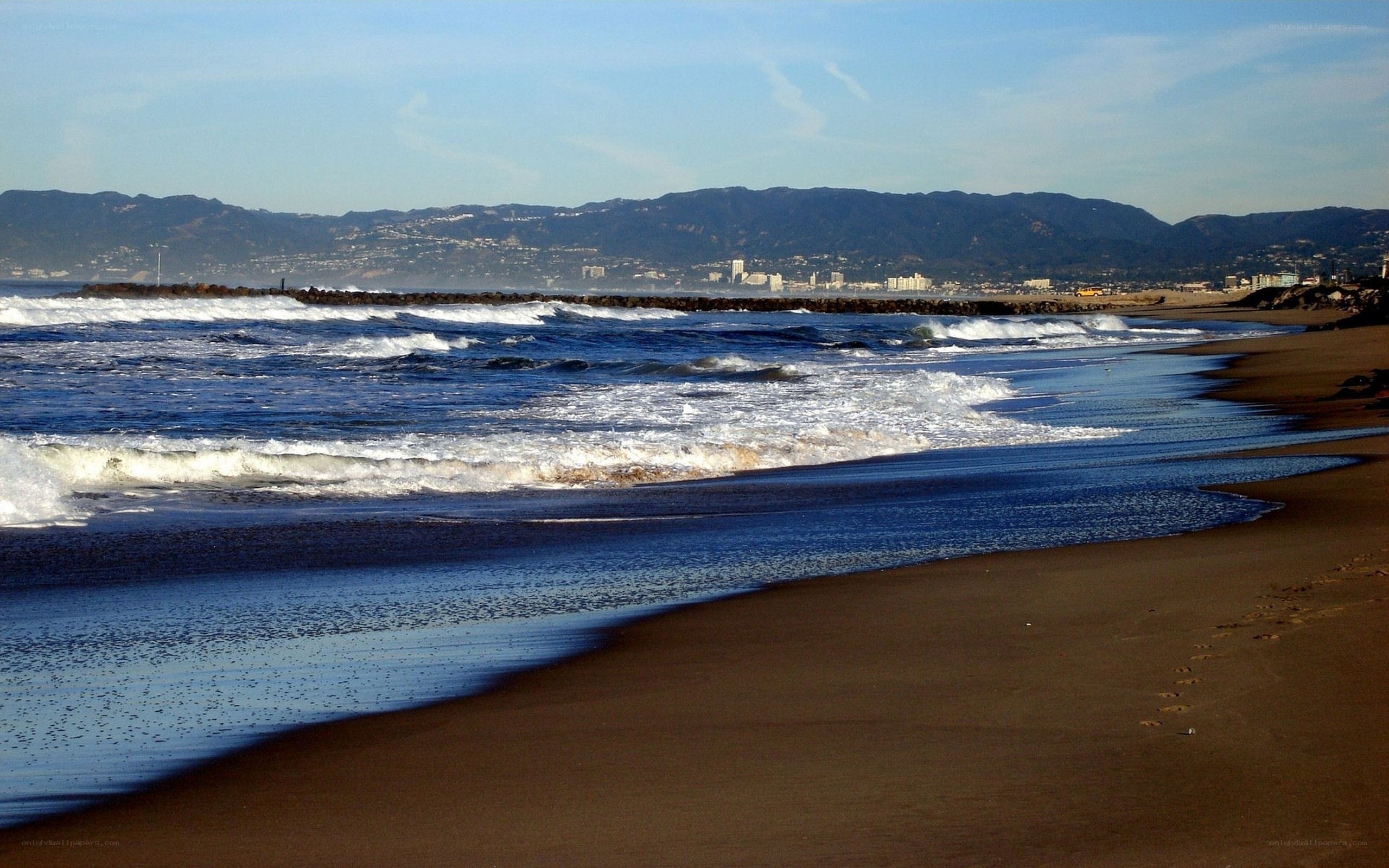 beach waves with city skyline