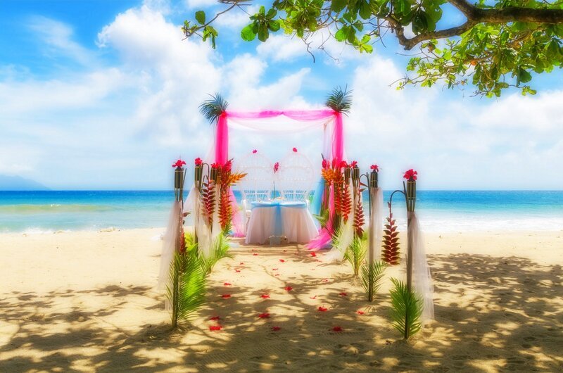Beach Wedding Setup — Blue, Serene, Afternoon, Photograph, Flowers
