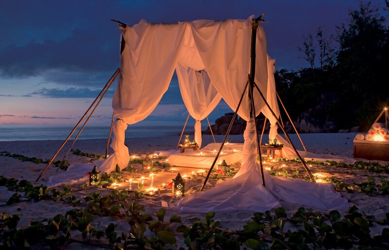Beach Wedding Setup — White, Romantic, Night