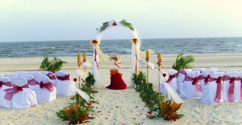 Beach Wedding Setup — White, Serene, Sunset, Photograph