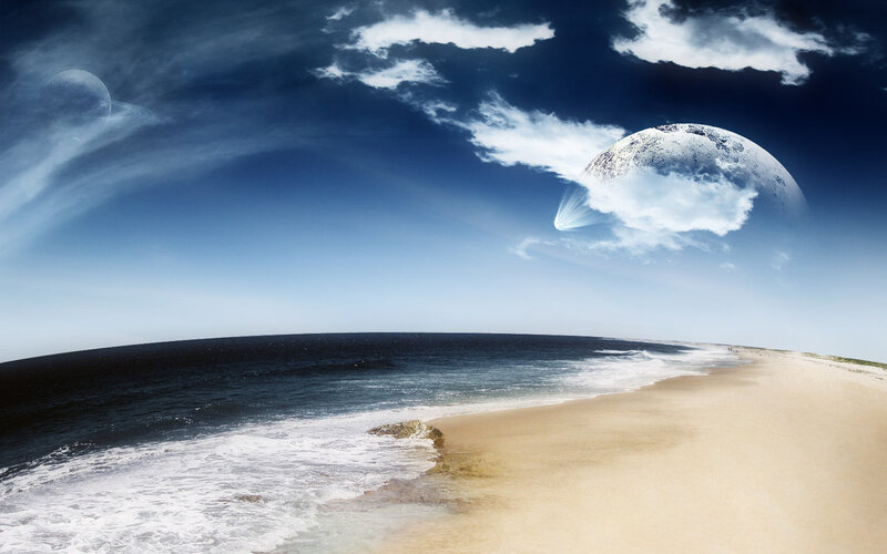 beach with alien planets