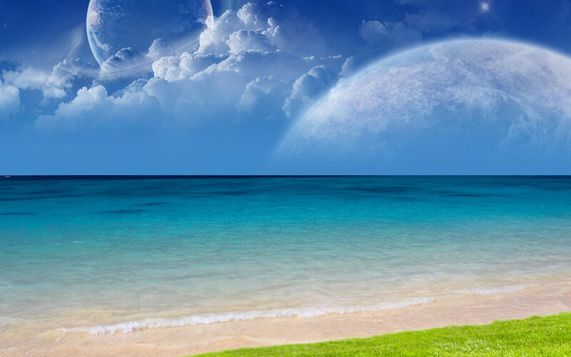 Beach with Alien Planets — Blue, Serene, Afternoon